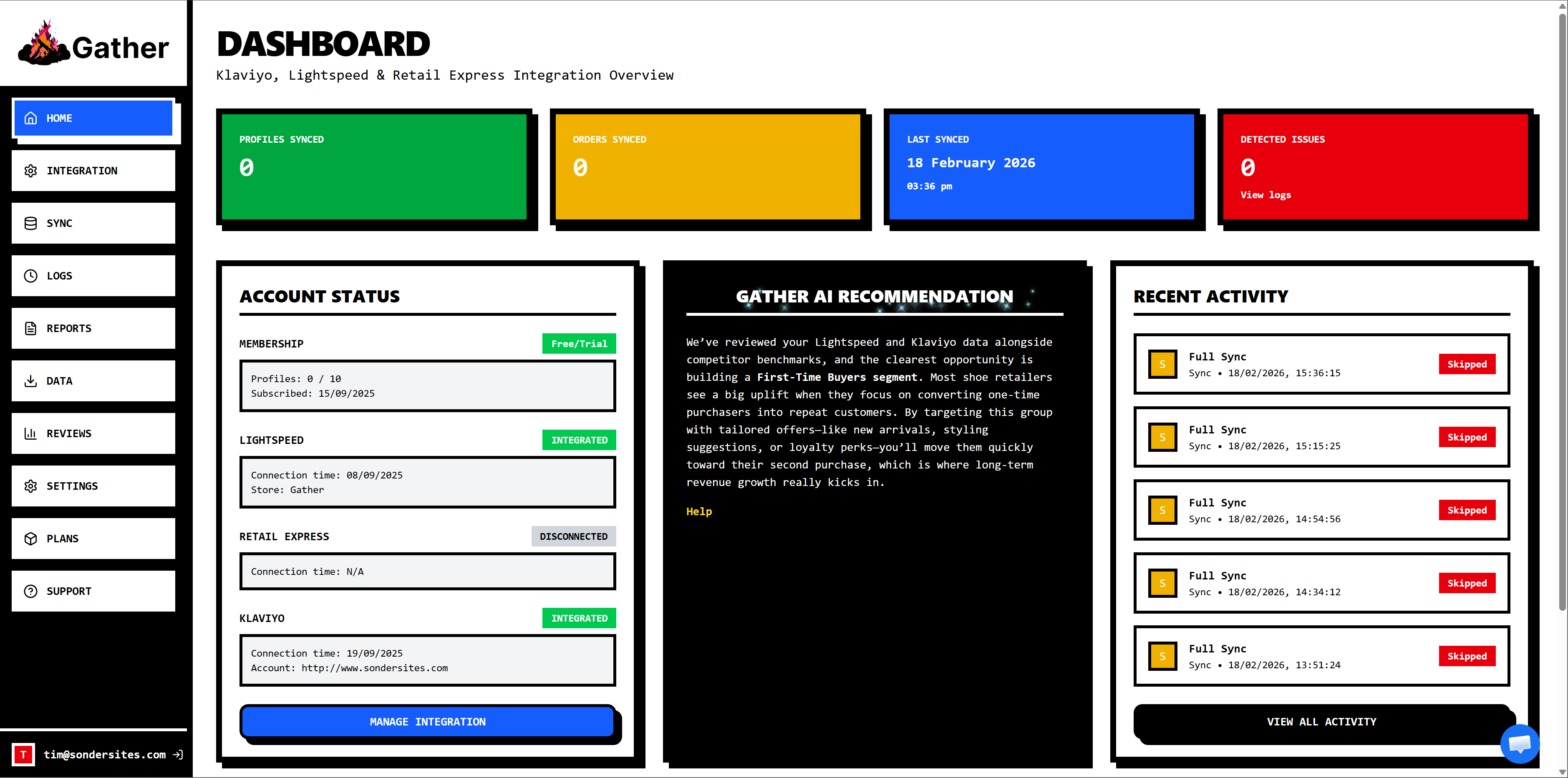 Gather dashboard showing real-time Lightspeed and Klaviyo integration status, AI recommendations, and sync activity